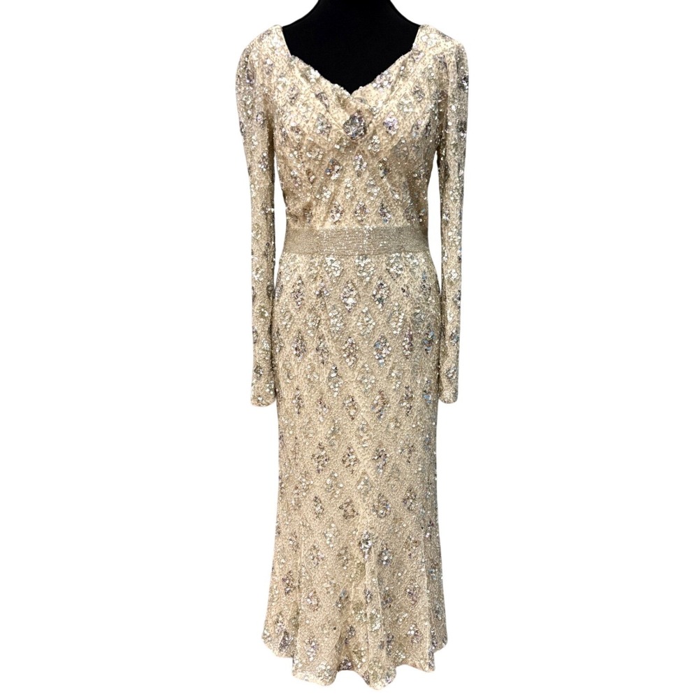 Mac Duggal Embellished VNeck Evening Formal Gown Champaigne Nude Cocktail Sequin